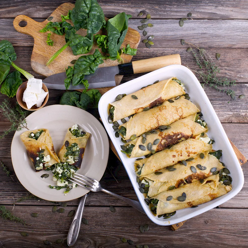 Einkorn-Pfannkuchen mit Spinat-Feta-Füllung